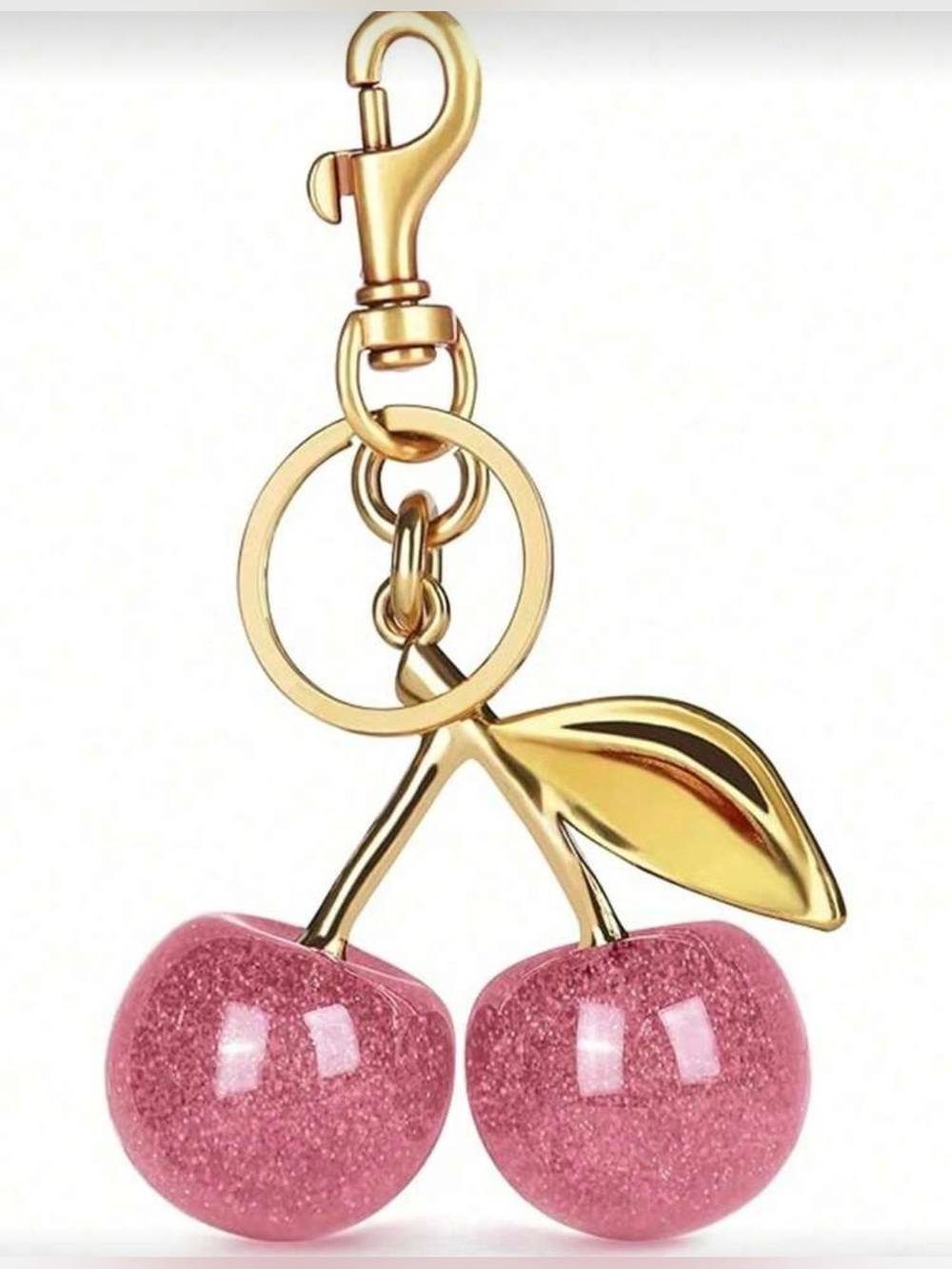Gold Cherry Keychain with Pink Glitter Cherries